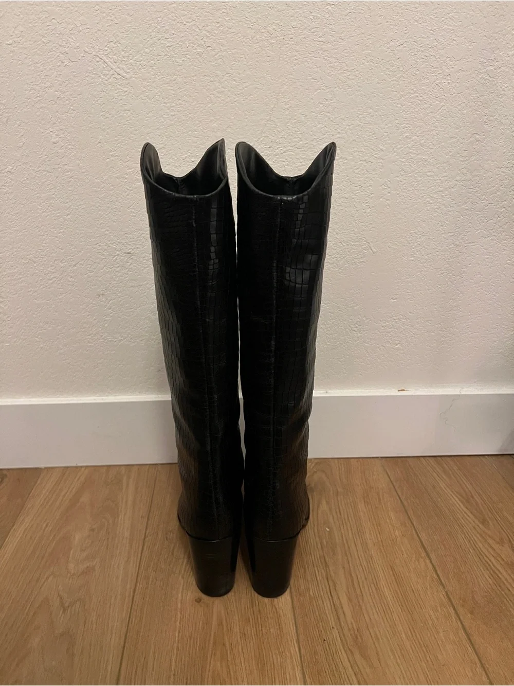 Schutz Black Croc-Embossed Knee Boots